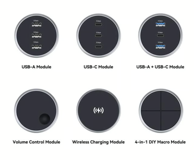 a group of circular devices with text