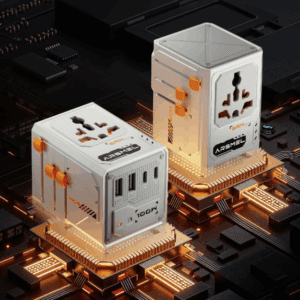 a couple of white cubes with orange lights