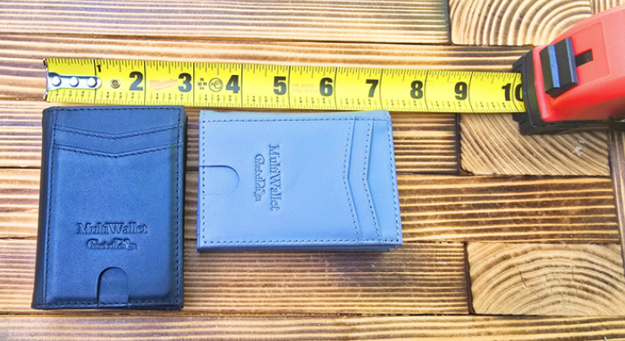 a blue wallets and a yellow tape measure