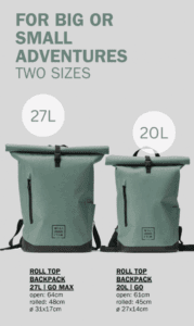 a pair of backpacks with text