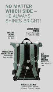 a green backpack with text on it