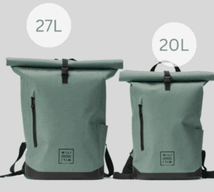 a pair of backpacks with a few labels