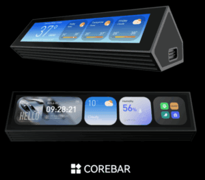 a black rectangular device with a screen and a black background