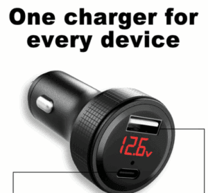 a black charger with a red display