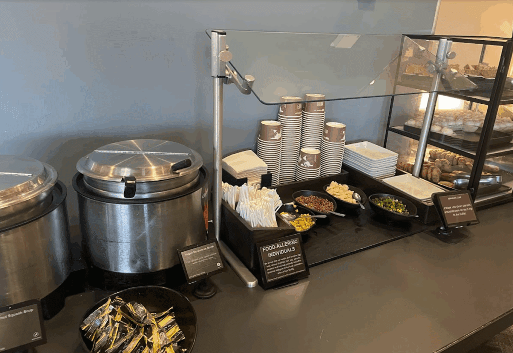 a buffet with food items on it