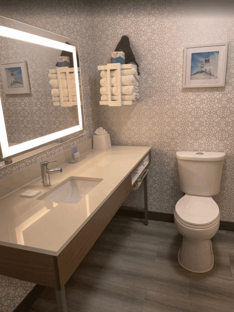 a bathroom with a mirror and a toilet