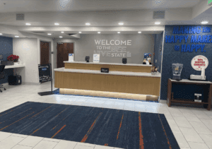 a reception desk in a hotel