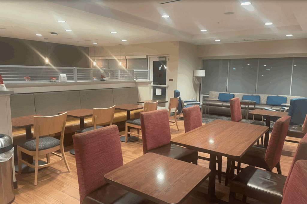 a room with tables and chairs