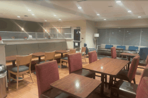 a room with tables and chairs