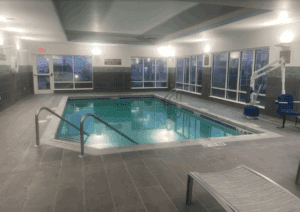 a swimming pool inside a building