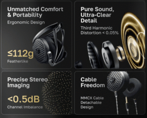 a collage of a black and gold headphones