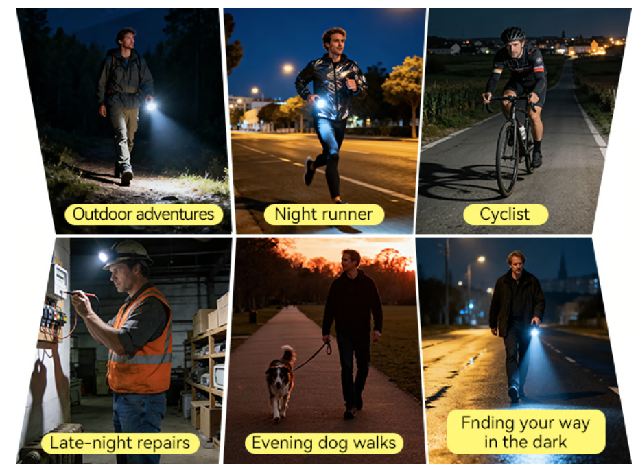 a collage of images of a man walking a bicycle and a man with a flashlight