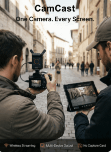 two men taking a picture of a street