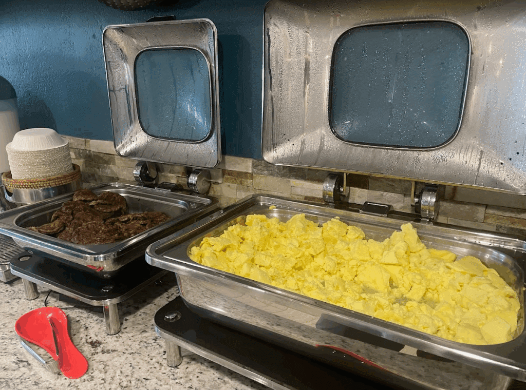 a buffet with food in it