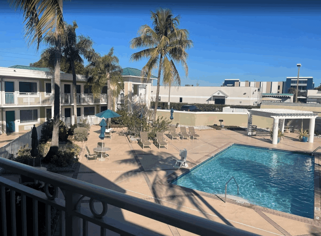 a pool and palm trees in a hotel