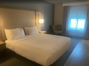 a bed in a hotel room