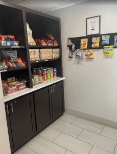 a shelf with food on it