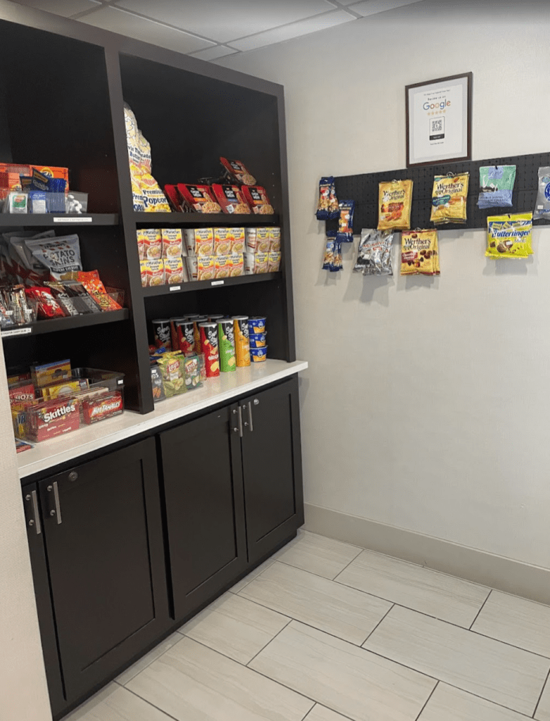 a shelf with food on it