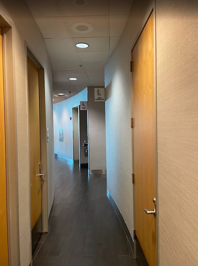 a hallway with doors and a wood floor