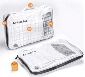 a white bag with orange labels