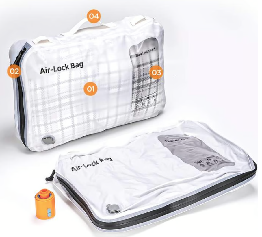 a white bag with orange labels