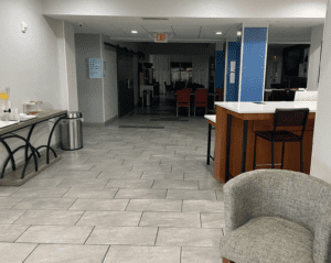 a room with a table and chairs