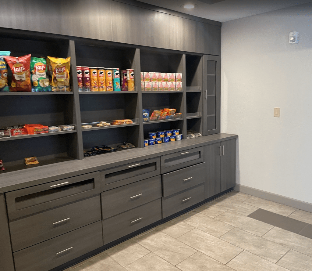 a shelf with food on it